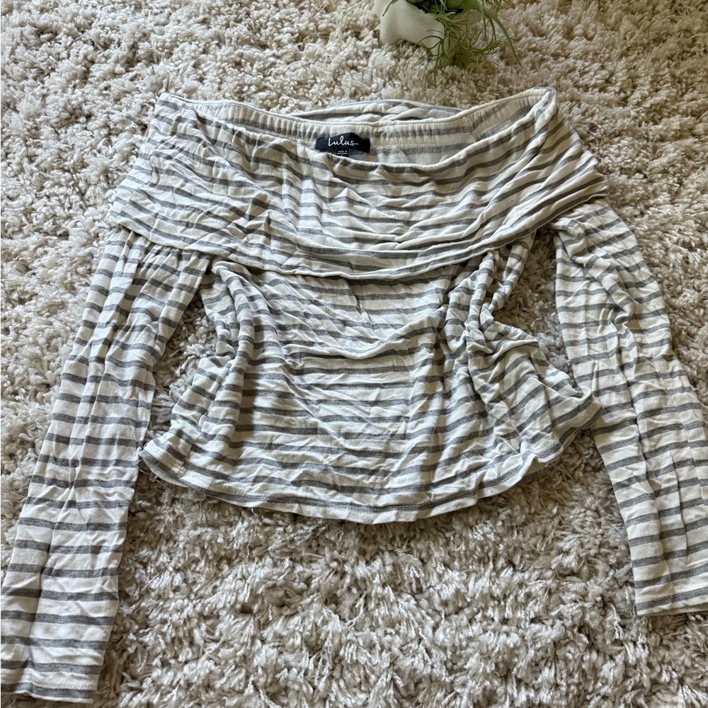 Lulu's Cream and Gray vintage off shoulder Striped Top